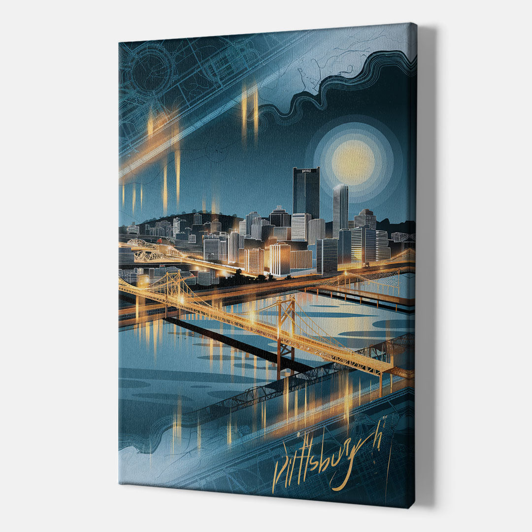 Pittsburgh Skyline and Map - Canvas Wall Art Indoor