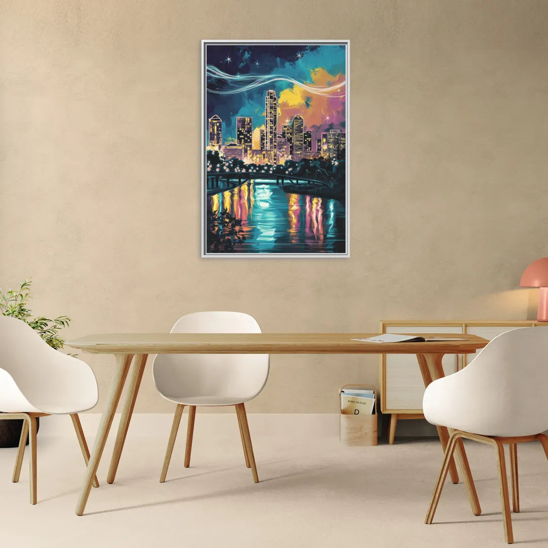 Austin Night Lights - Living Room White Frame Canvas