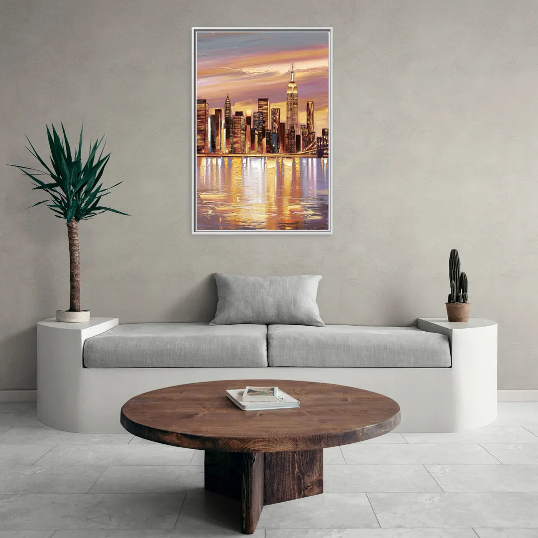 New York City Skyline at Dusk - Living Room White Frame Canvas