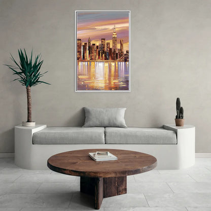 New York City Skyline at Dusk - Living Room White Frame Canvas