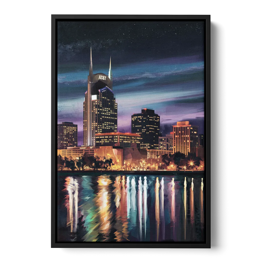 Nashville Cityscape at Night - Black Frame Canvas