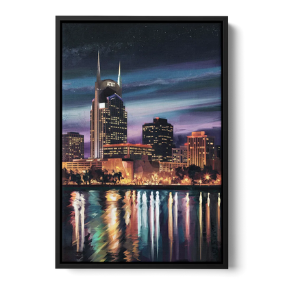 Nashville Cityscape at Night - Black Frame Canvas