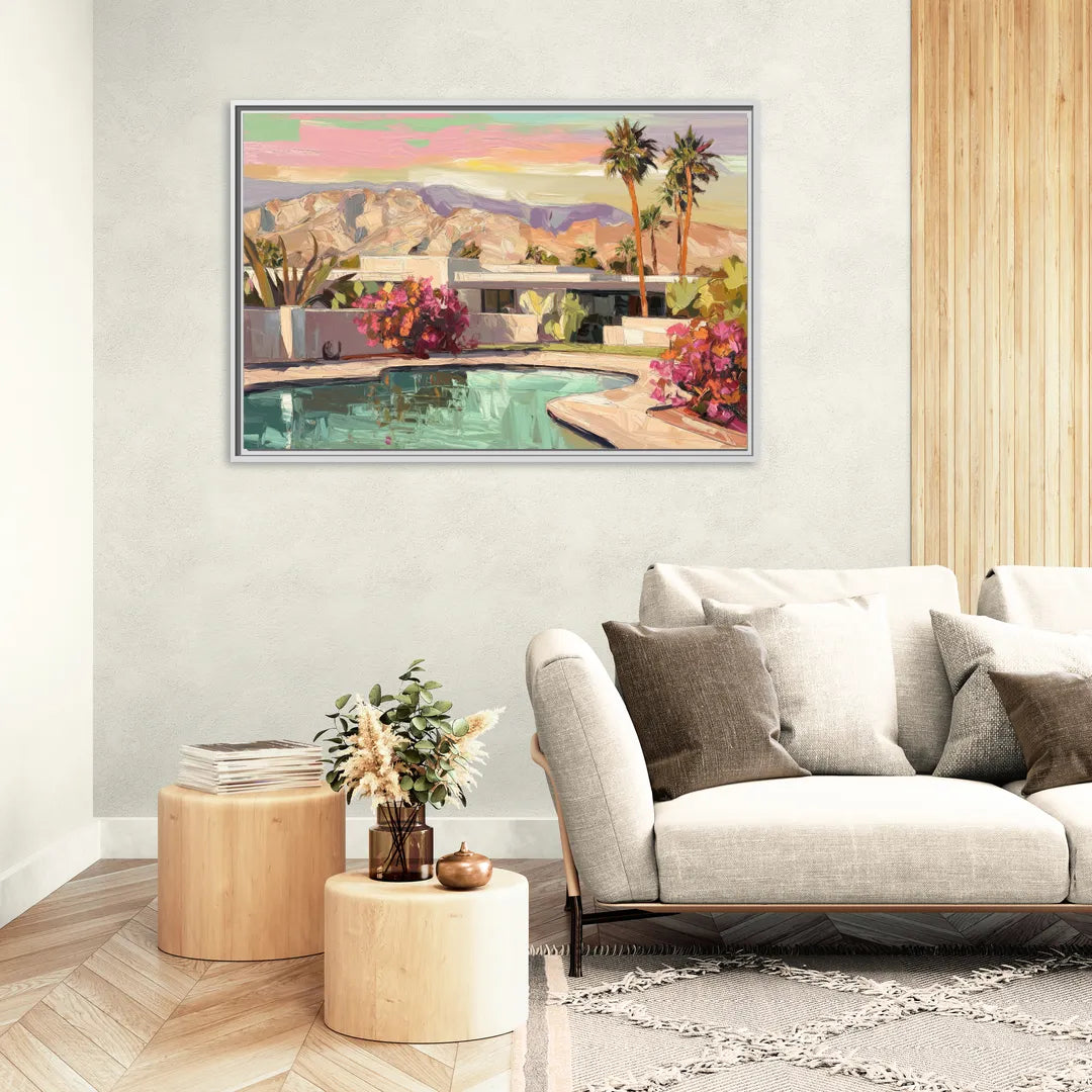 Palm Springs Sunlit Landscape - Living Room White Frame Canvas