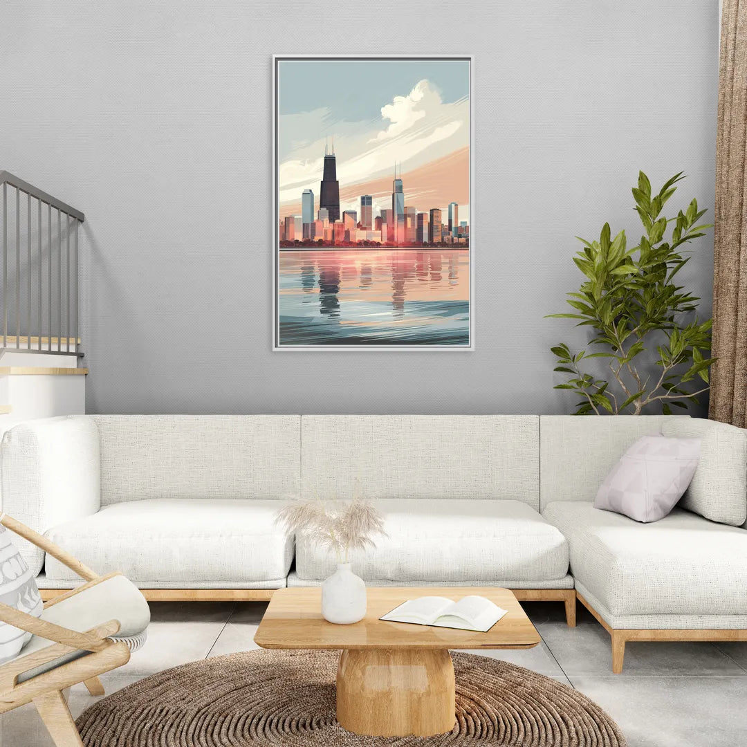 Chicago Skyline from Lake Michigan - Living Room White Frame Canvas