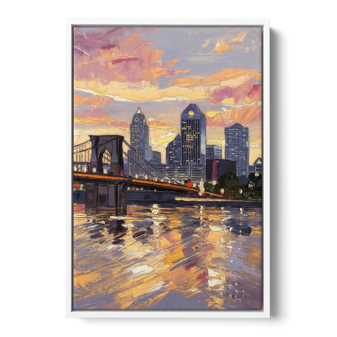Cincinnati Skyline at Sunset - White Frame Canvas