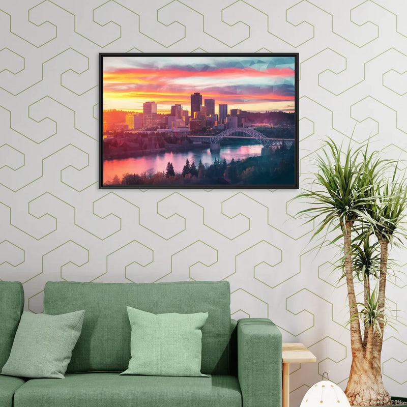 Spokane Skyline Sunset - Living Room Black Frame Canvas