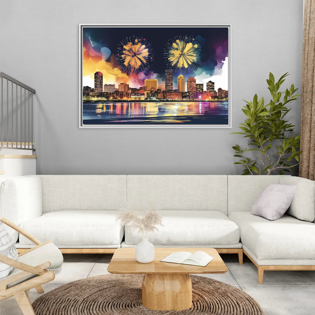 Boston Skyline With Fireworks - Living Room White Frame Canvas