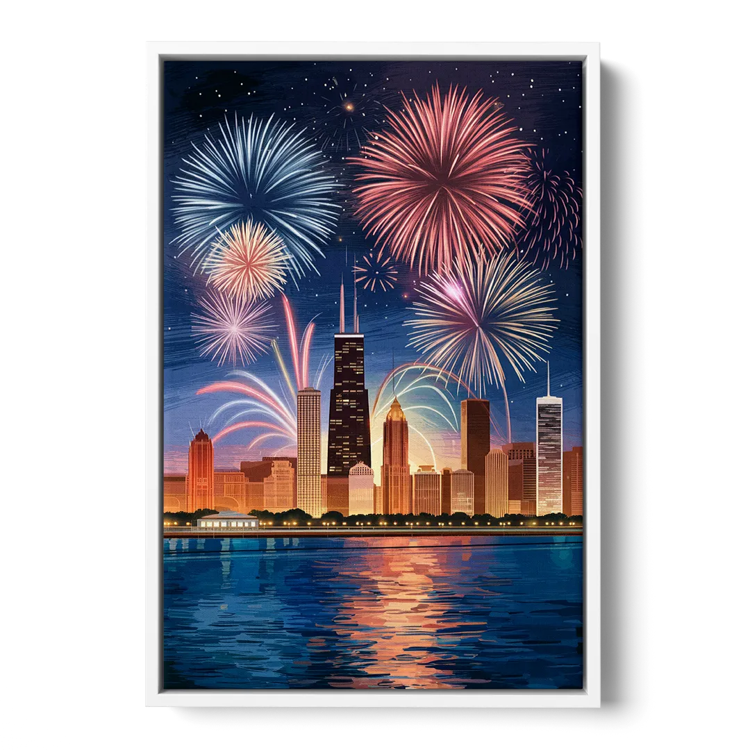 Chicago Skyline and Fireworks - White Frame Canvas