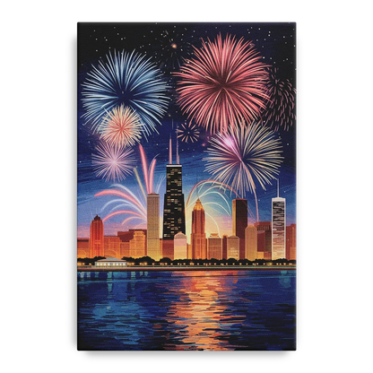 Chicago Skyline and Fireworks - Canvas Wall Art