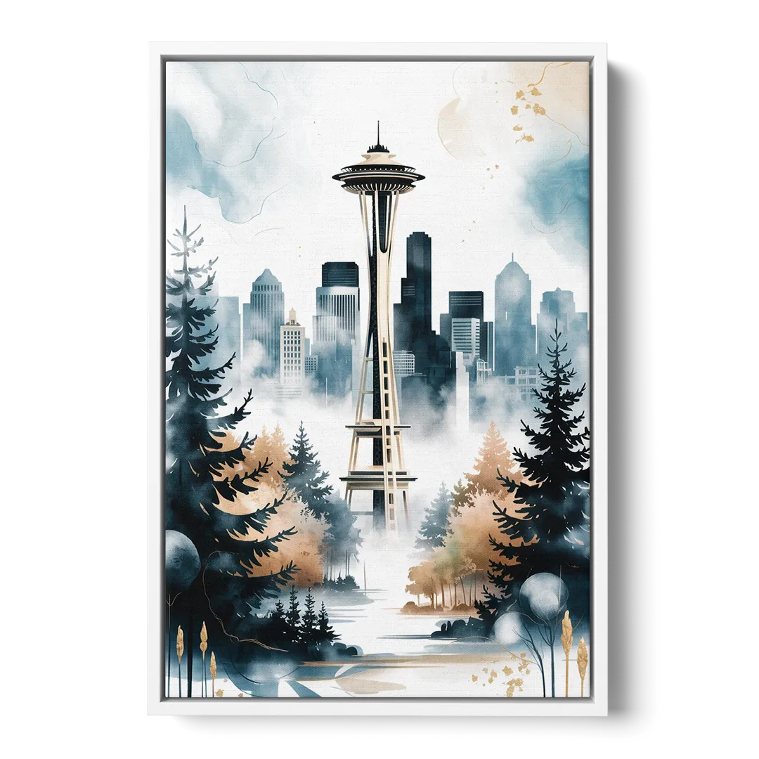 Seattle Space Needle in Fog - White Frame Canvas