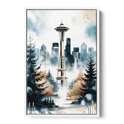 Seattle Space Needle in Fog - White Frame Canvas
