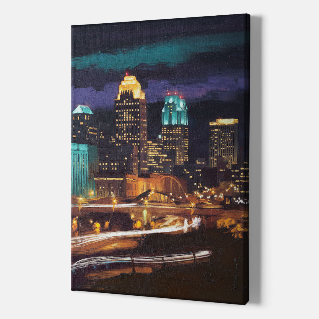 Kansas City Nighttime Skyline - Canvas Wall Art Indoor