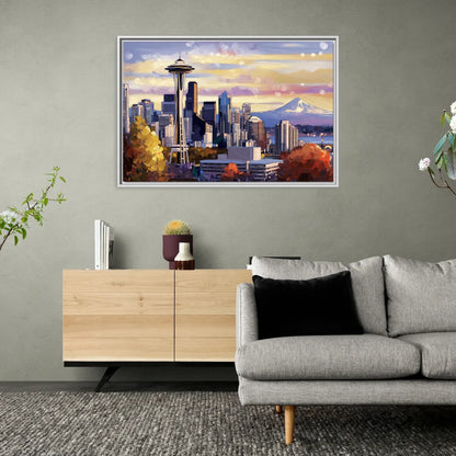 Seattle Iconic Landmarks - Living Room White Frame Canvas