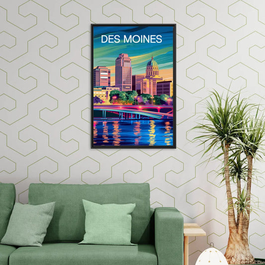 Des Moines Vibrant Cityscape - Living Room Black Frame Canvas