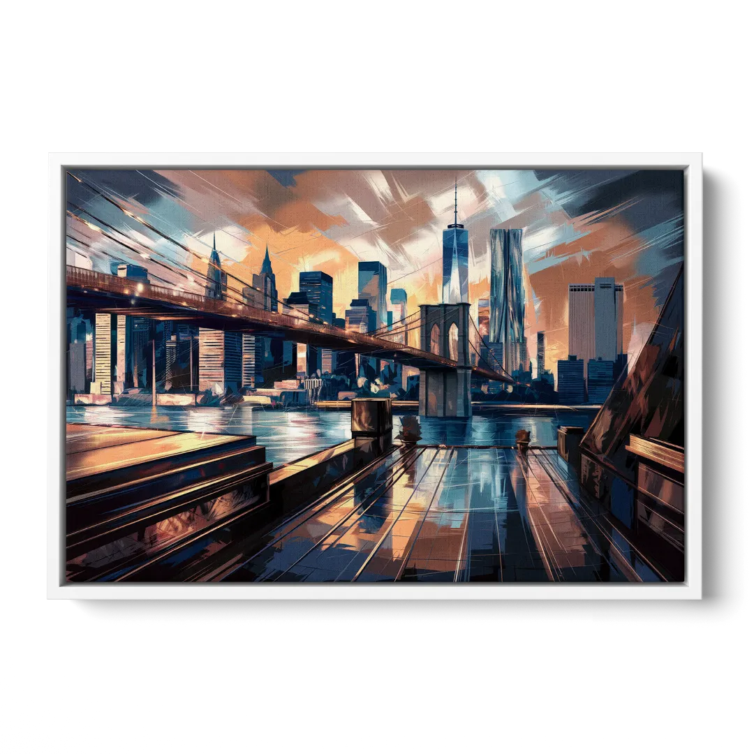 New York City Bridge From The Rooftop - White Frame Canvas