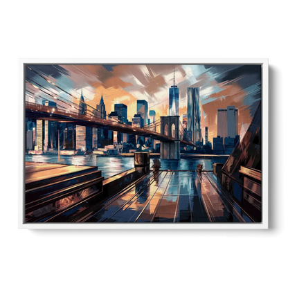 New York City Bridge From The Rooftop - White Frame Canvas