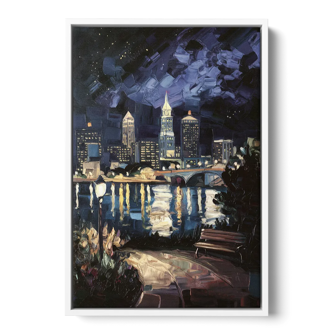 Cleveland Nighttime Lights - White Frame Canvas