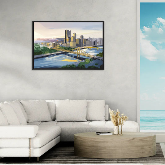 Pittsburgh Golden Triangle View - Living Room Black Frame Canvas