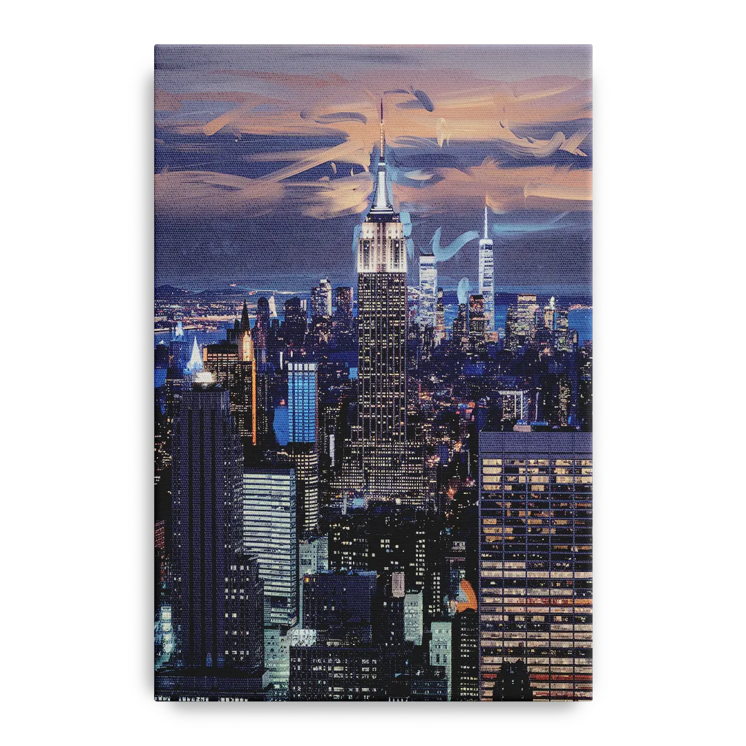 New York City Night Blue Lights Skyline - Canvas Wall Art