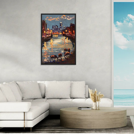 Buffalo Canalside at Night - Living Room Black Frame Canvas