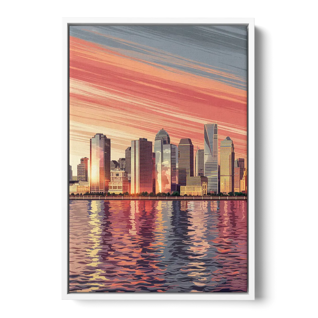 Jersey City Skyline and Hudson River - White Frame Canvas
