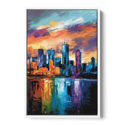 Oklahoma City Skyline with Thunder Colors - White Frame Canvas