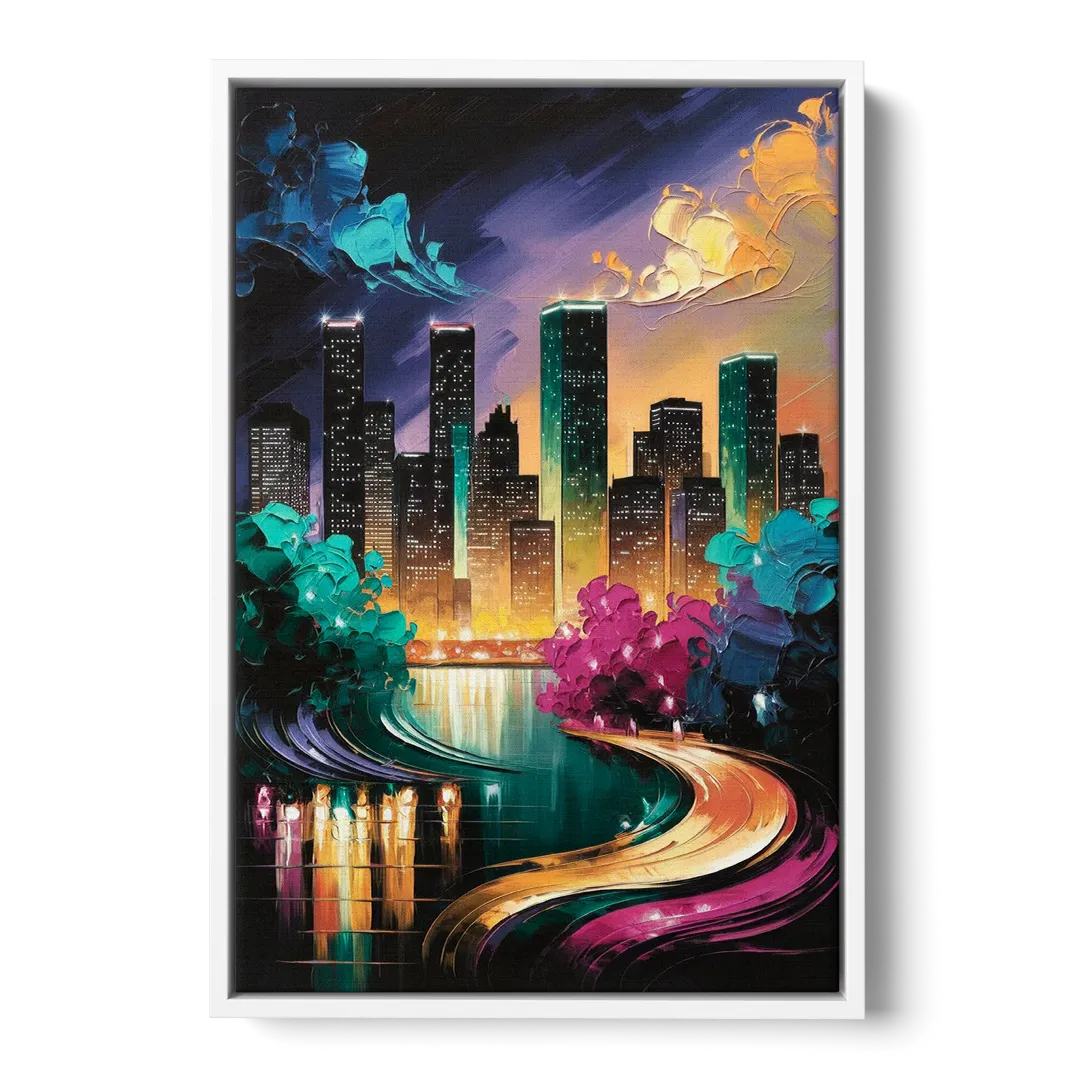 Houston Vibrant Nights - White Frame Canvas