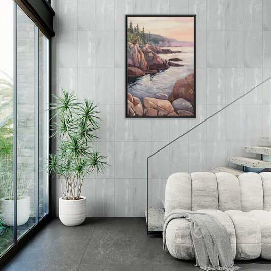 Bar Harbor Rocky Shoreline - Living Room Black Frame Canvas