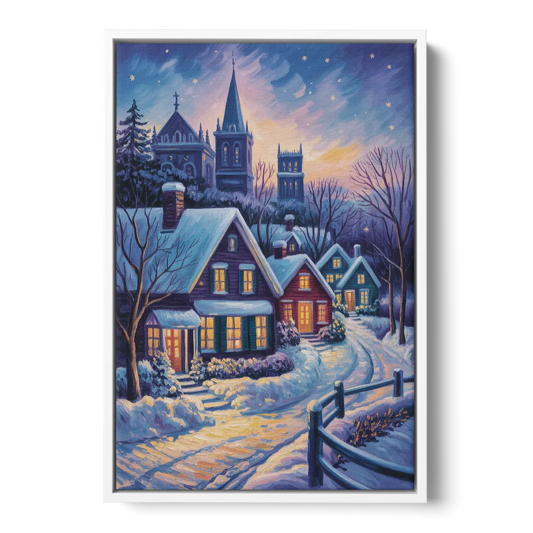 Quebec Snowy Village Scene - White Frame Canvas