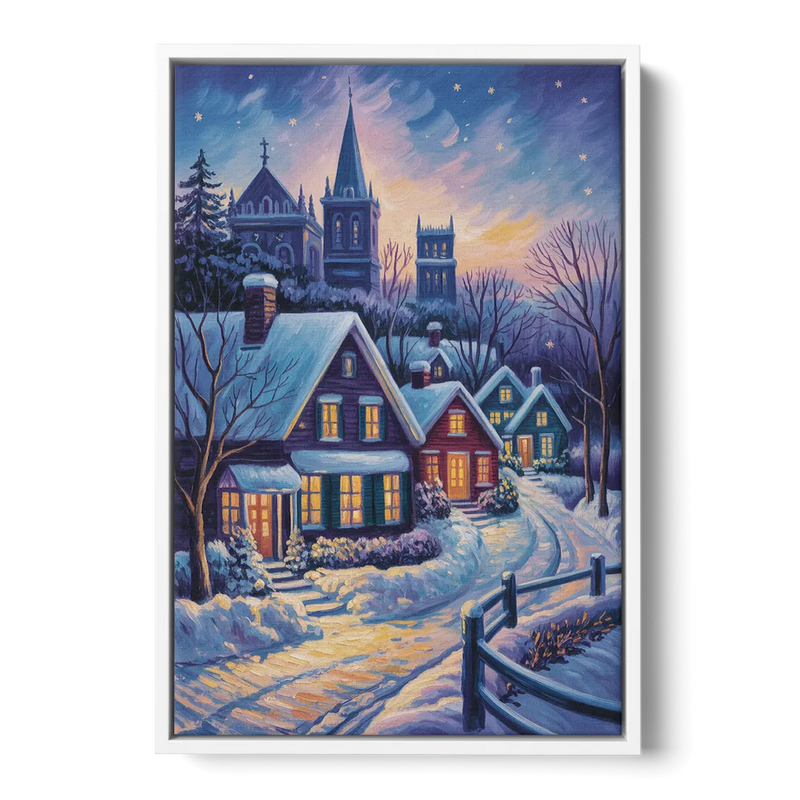 Quebec Snowy Village Scene - White Frame Canvas