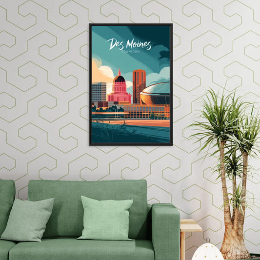 Des Moines Downtown Sunset - Living Room Black Frame Canvas