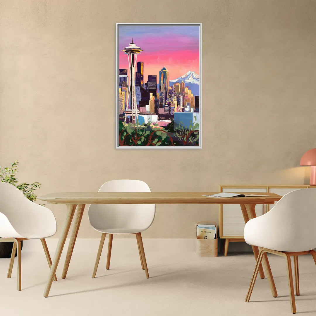Seattle Skyline with Mount Rainier - Living Room White Frame Canvas