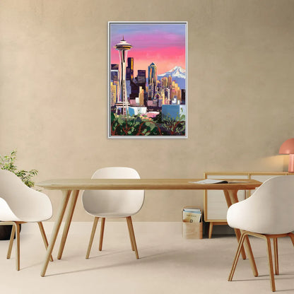 Seattle Skyline with Mount Rainier - Living Room White Frame Canvas