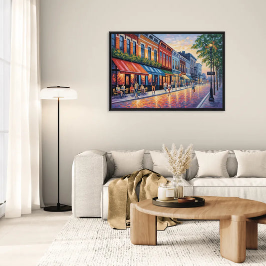 Montreal Summer Streets - Living Room Black Frame Canvas
