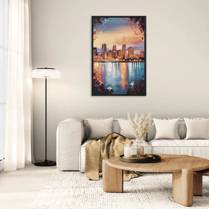 Cleveland Skyline Reflection - Living Room Black Frame Canvas