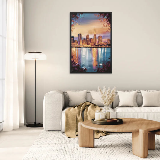 Cleveland Skyline Reflection - Living Room Black Frame Canvas