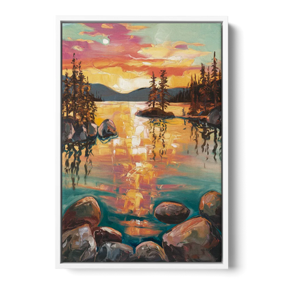 Lake Tahoe Sunset Reflections - White Frame Canvas