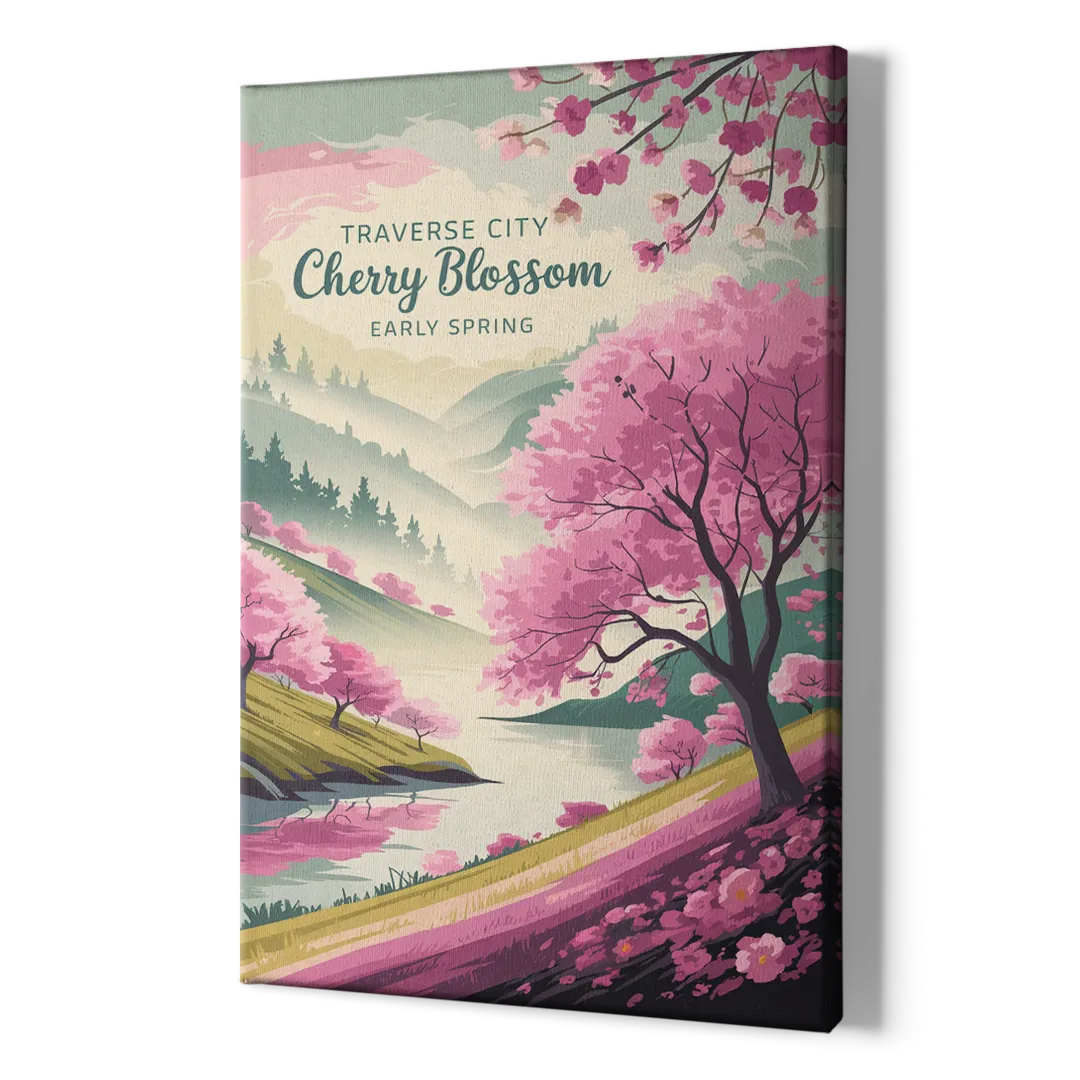 Traverse City Cherry Blossom Landscape - Canvas Print Art Sides