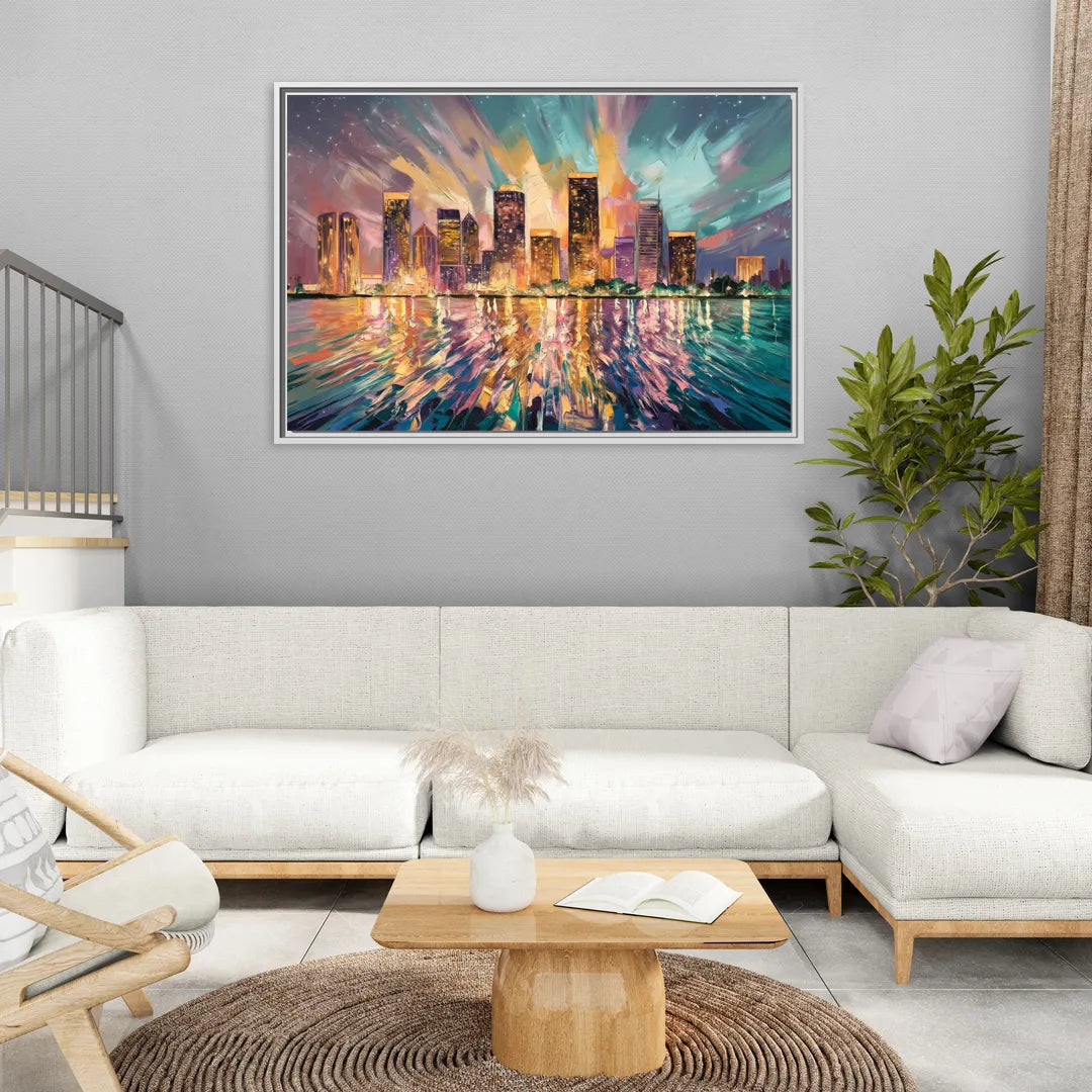 Tampa Cityscape Reflection - Living Room White Frame Canvas
