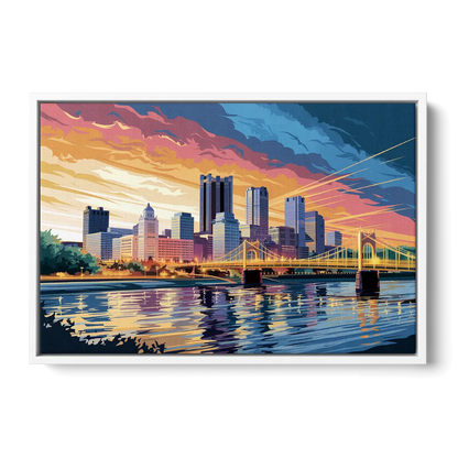 Pittsburgh Skyline At Sunset - White Frame Canvas