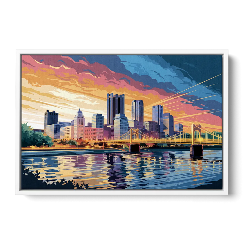 Pittsburgh Skyline At Sunset - White Frame Canvas