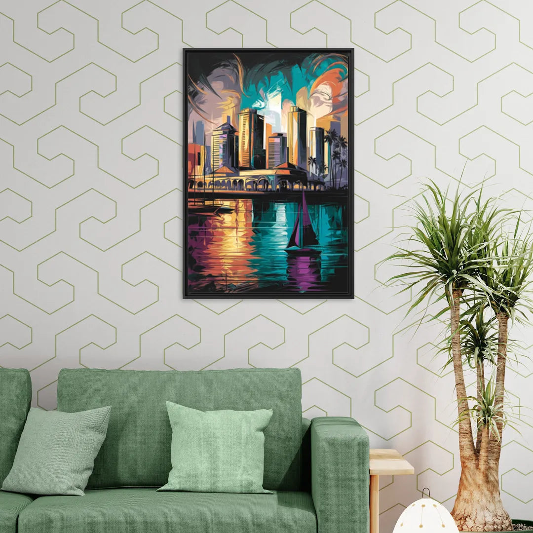 Corpus Christi Downtown Scene - Living Room Black Frame Canvas