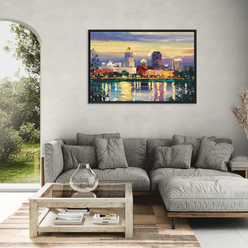 Greensboro Cityscape Panorama - Living Room Black Frame Canvas