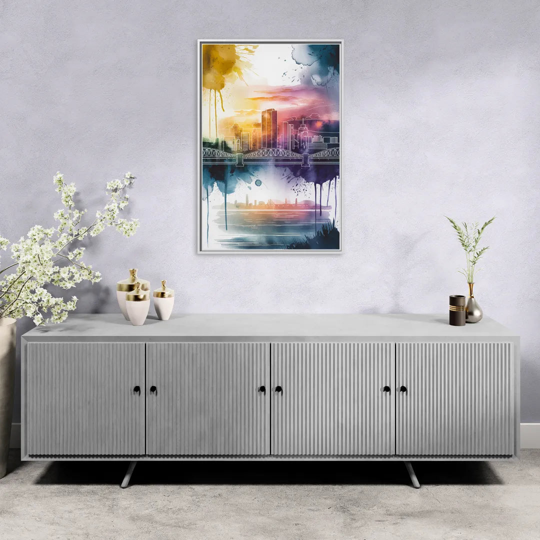 Sacramento Skyline Sunset - Living Room White Frame Canvas