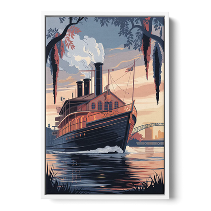 New Orleans Steamboat on the River - White Frame Canvas