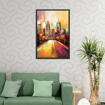Atlanta Skyline and Peachtree Street - Living Room Black Frame Canvas