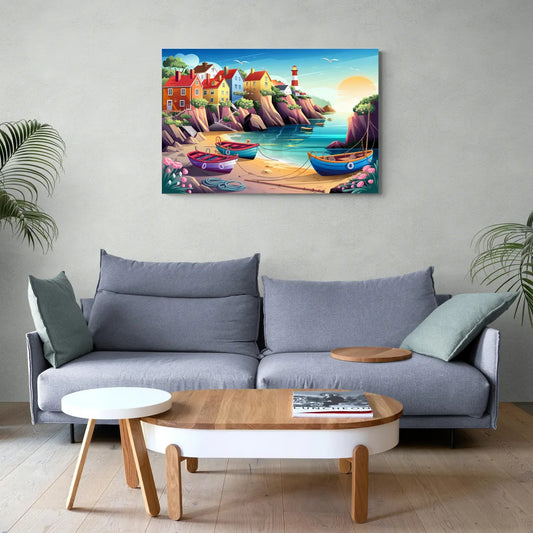 Seaside Fishing Village - Canvas Wall Art Living Room