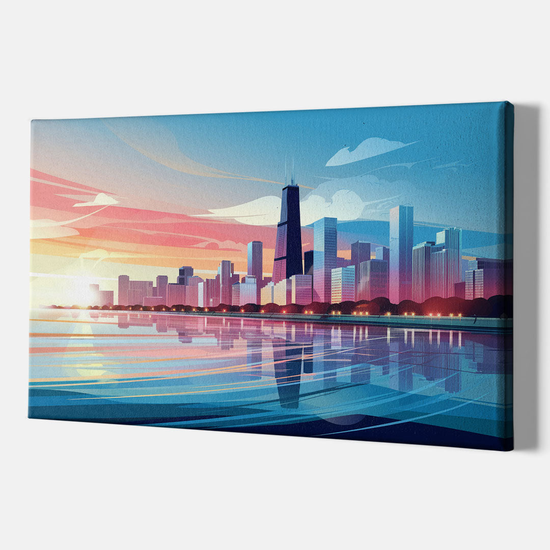 Chicago Skyline At Sunset - Canvas Wall Art Indoor