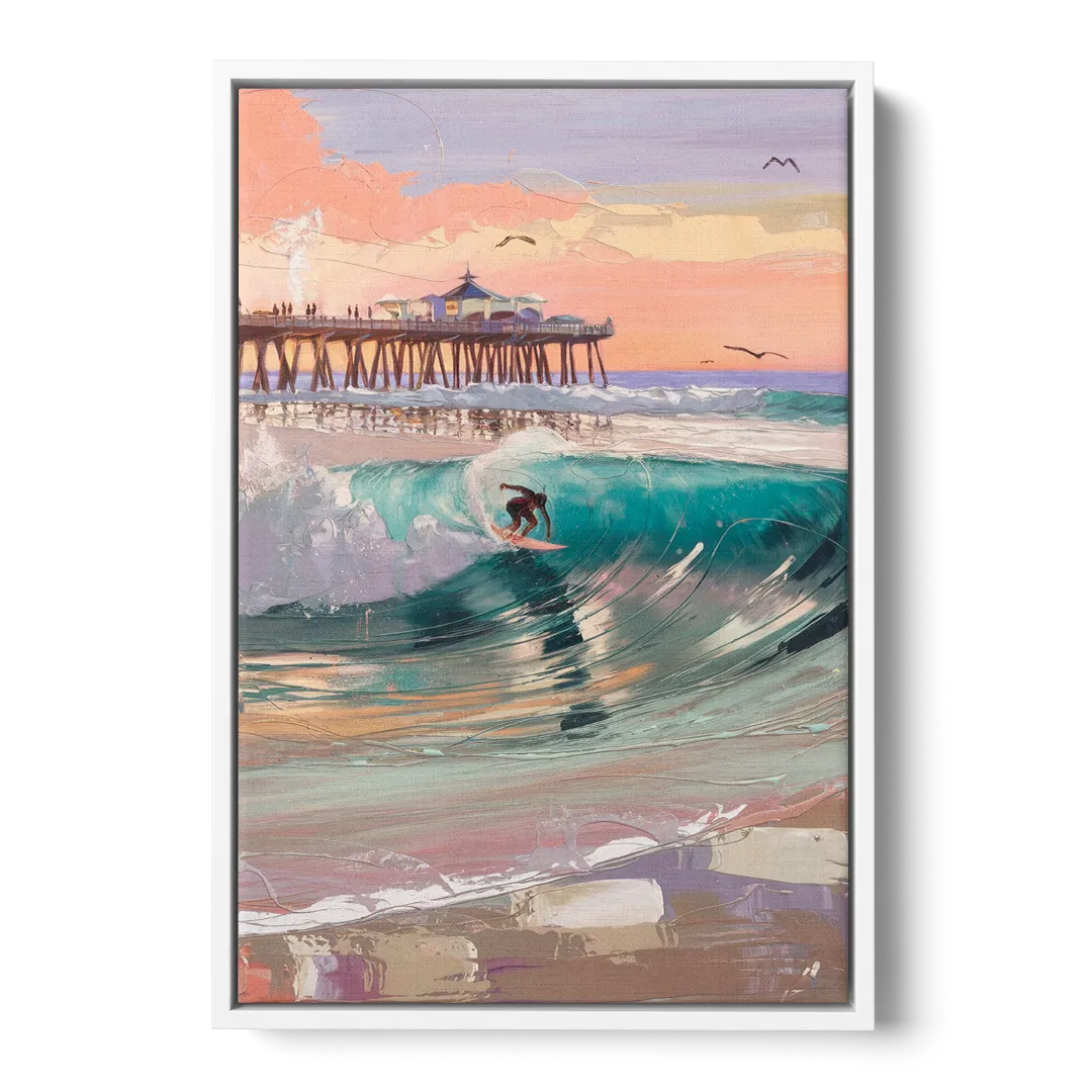 Huntington Beach Surfing Scene - White Frame Canvas