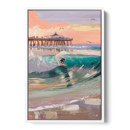 Huntington Beach Surfing Scene - White Frame Canvas